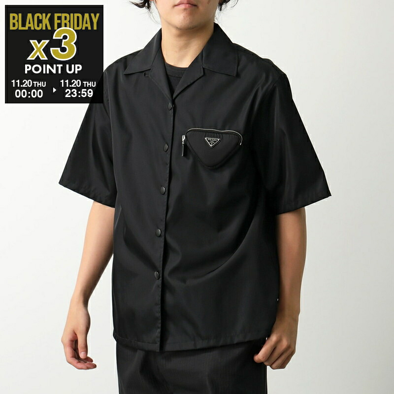 PRADA RENYLONブラック サテン シャツ 半袖 大人気】PRADA◇Re-Nylon ボウリングカラーシャツ 半袖 ロゴ (PRADA