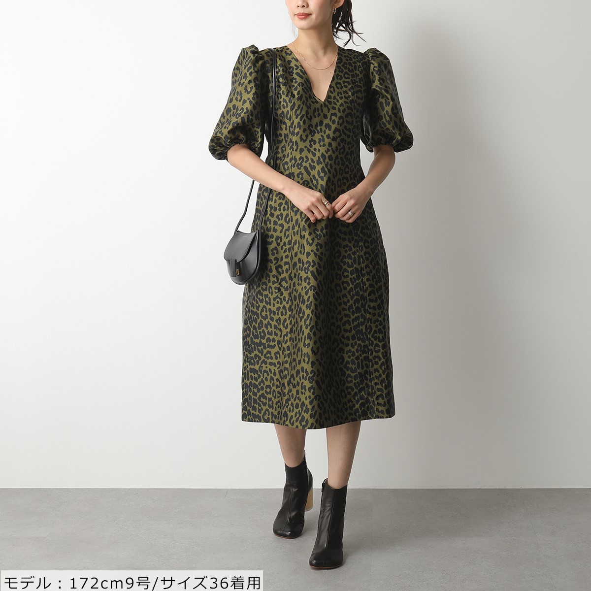 送料込 エントリーでポイント最大7倍 5日21時 23時59まで Ganni ガニー F5755 6107 バルーンスリーブ レオパードドレス クリスピー Vネック ワンピース ジャガード Aライン ヒョウ柄 780 Olive Drab レディース オープニング大放出セール Crystalgalleryva Com