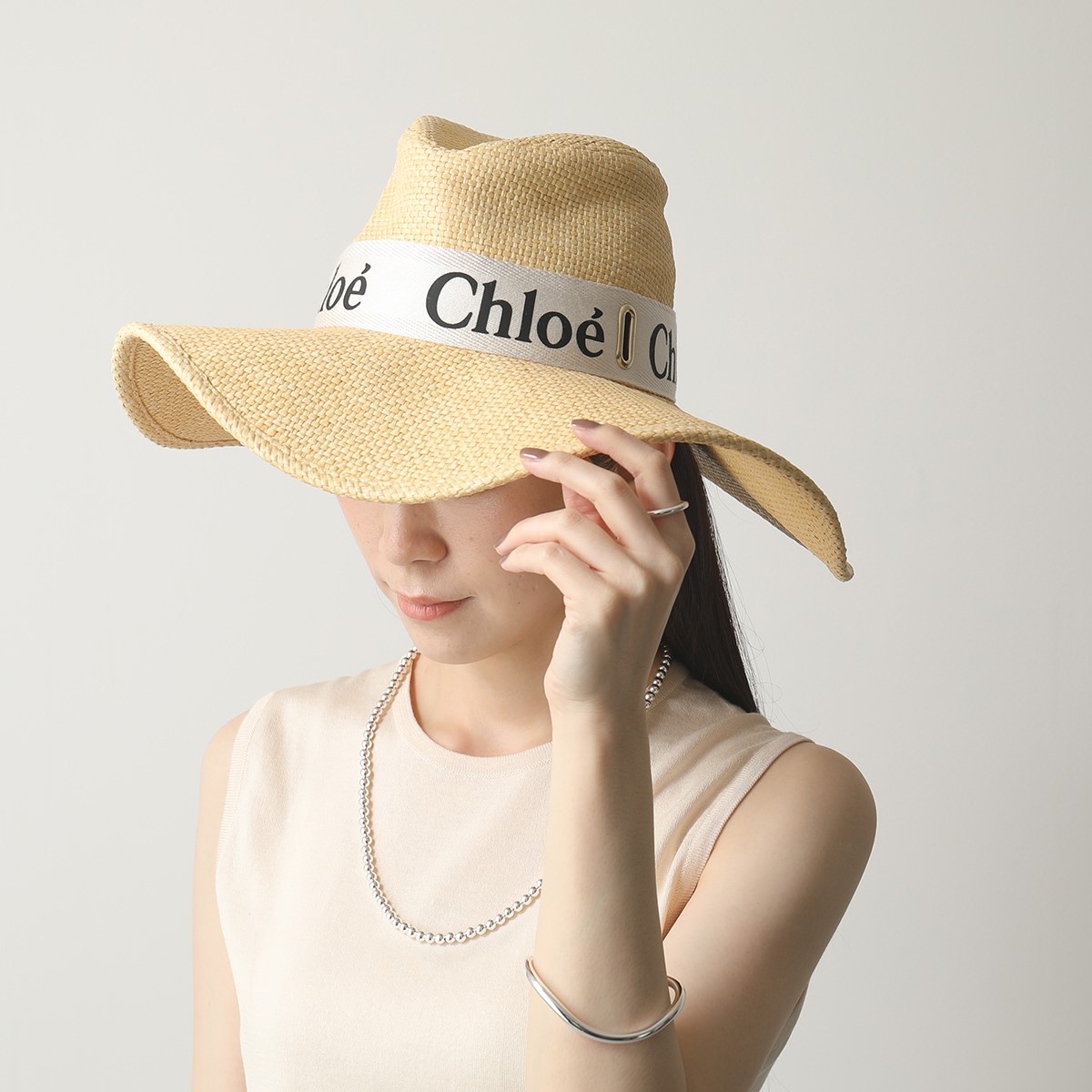 Chloe クロエ 麦わら帽子 ロゴ入り ウッディハット 夏-