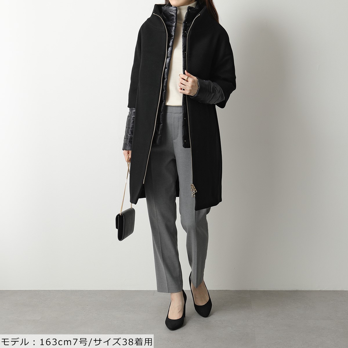 Herno ヘルノ Ca0040d M01 39601 異素材切替 ダウンコート セミロング丈 2way ウール混 七分袖 ジップアップコート 9300 レディース Meguiars Com Do
