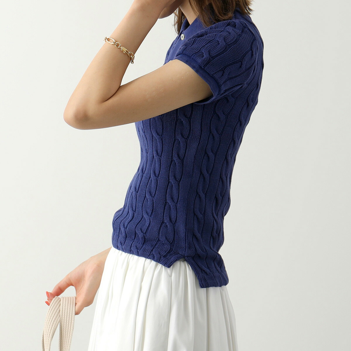 Polo Ralph Lauren ポニー刺繍 011 Blue スキニーフィット 半袖 ポロ ポロシャツ ケーブルニット レディース ラルフローレン コットン
