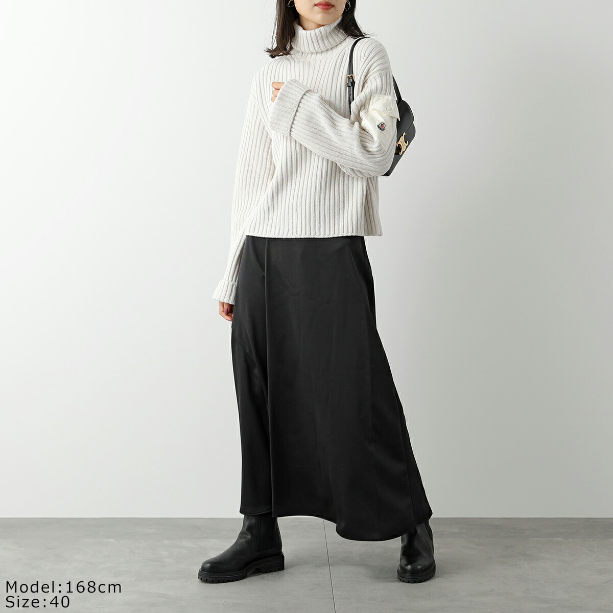 MONCLERモンクレールロングスカート2D00005596DMレディースサテンフレアウエストダブルバンド立体ラバーロゴタグ999