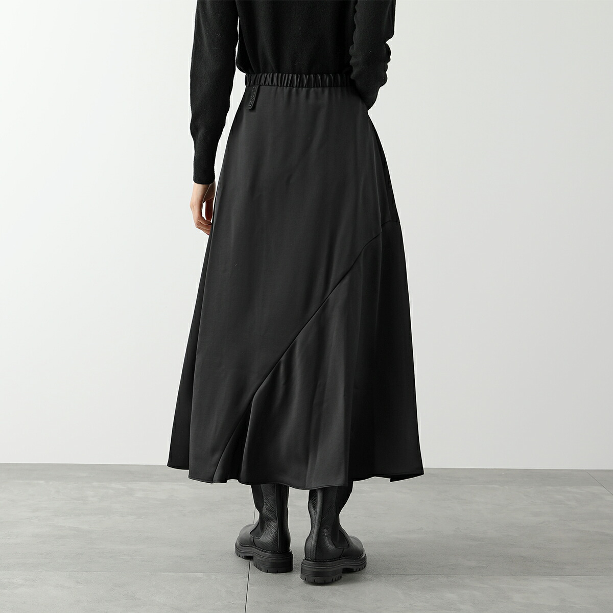 MONCLERモンクレールロングスカート2D00005596DMレディースサテンフレアウエストダブルバンド立体ラバーロゴタグ999