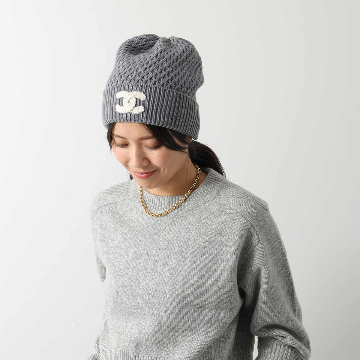 CHANEL カシミヤ ニット帽 アイボリー シャネル スポーツライン ニットキャップ カシミヤ アイボリー