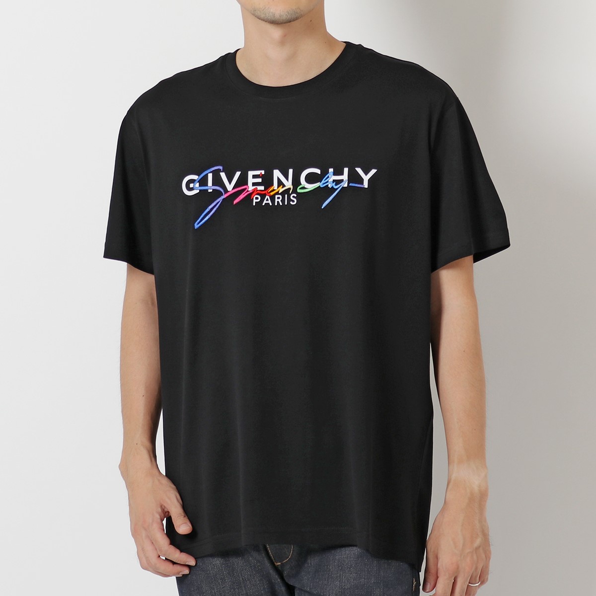 ジバンシィ カットソー クロエ Givenchy クルーネック シグニチャー刺繍 ロゴt 半袖tシャツ シャネル Bm70rl3002 コットン 001 Black メンズ
