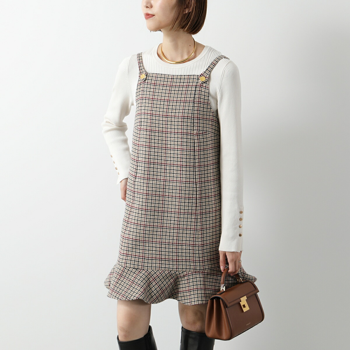 ワンピース GANNI Woman Dress Beige F8693 859 Almond Milk Leopard Pleated Georgette V-neck Flounce Mini