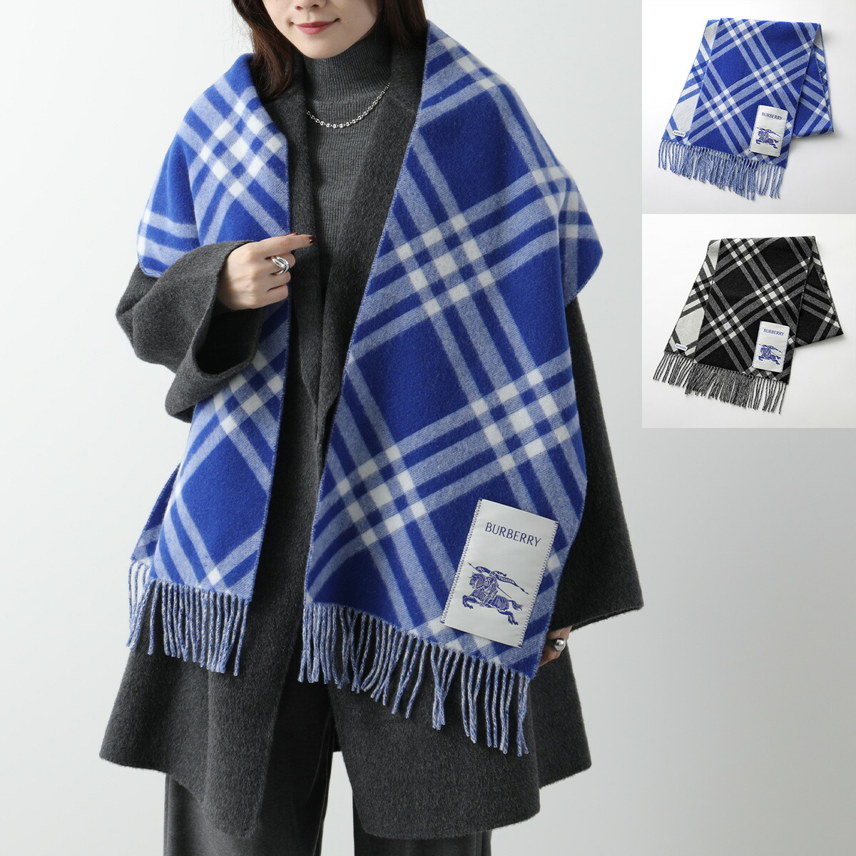 【未使用タグ付き】バーバリー　ストール　大判　カシミヤ　青　ノバチェック　ホース BURBERRY（マフラー/ショール ・ ブルー・ネイビー/青色系）の