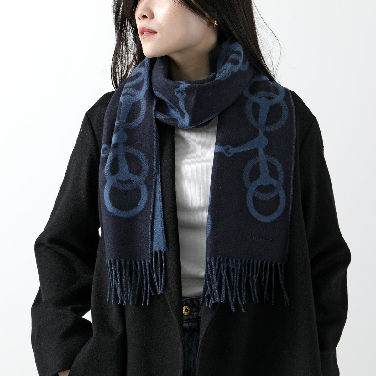 Hermes 22AW ストール アリュメット・ポケット バイカラー マフラー ネイビー×ブルー (188125