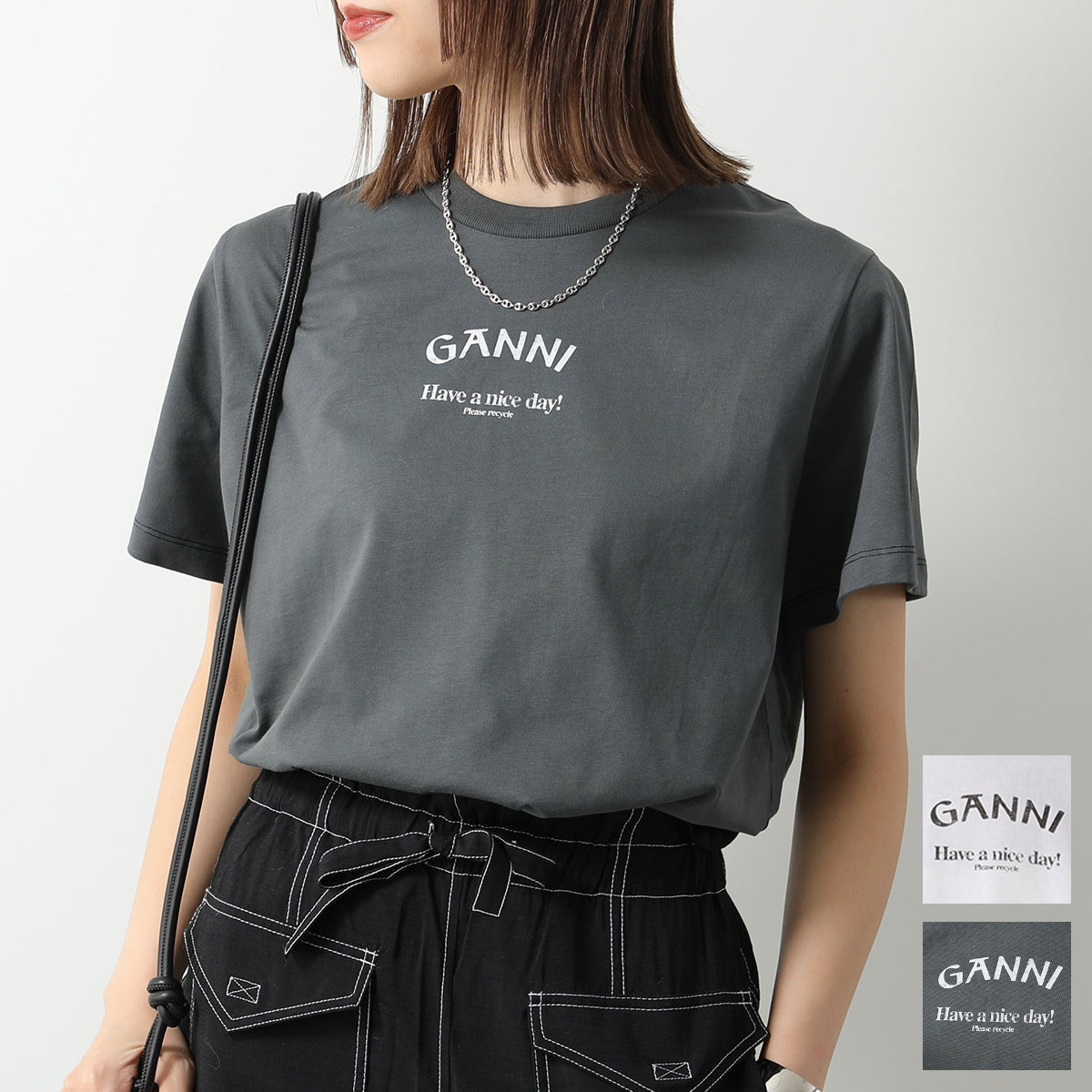 *GANNI*コットンポロワンピース 半袖 グレー ロゴボタン GANNI*コットンポロワンピース 半袖 グレー ロゴボタン（関