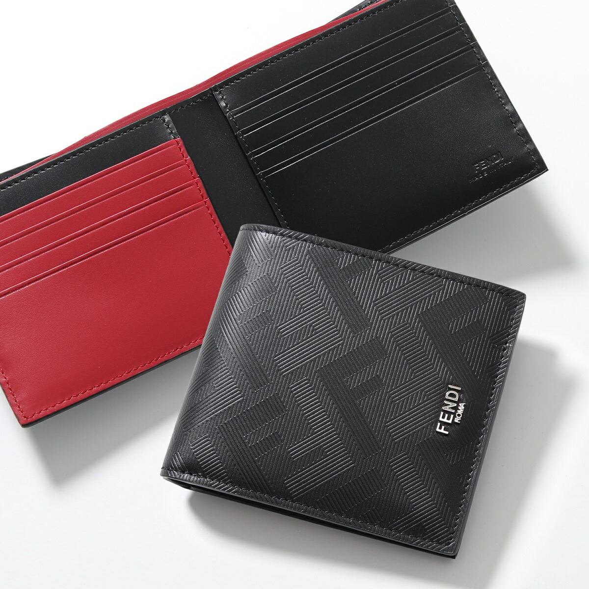 FENDI 名刺入れ 黒 レザー ROMA FENDI (フェンディ) メタルロゴ レザー スクエア カードケース