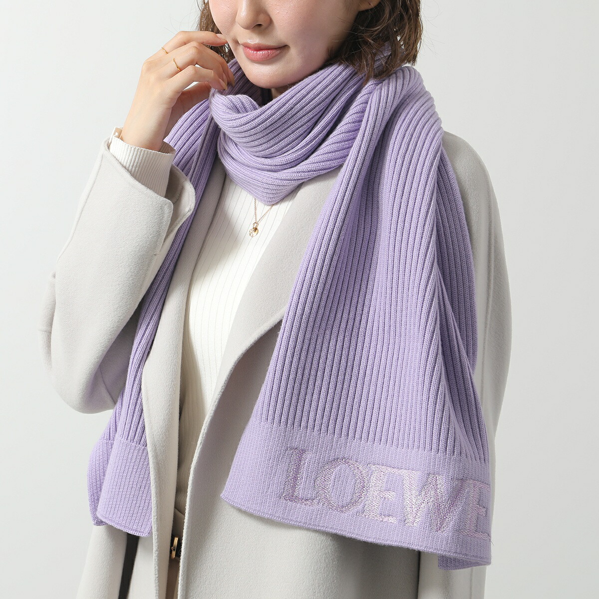 LOEWE ネイビー ウールマフラー フリンジ付き LOEWE - 極美品◎LOEWE ロエベ モヘア ウール レザーパッチ