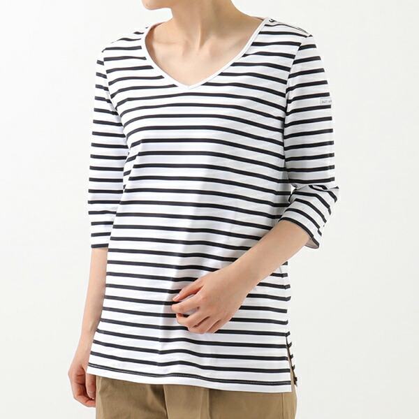 内祝い Saintjames セントジェームス Semaphore Uvカット Vネック 七分袖 Tシャツ カットソー ボーダー カラーneige Navy レディース 春夏新色 Opk Rks Org