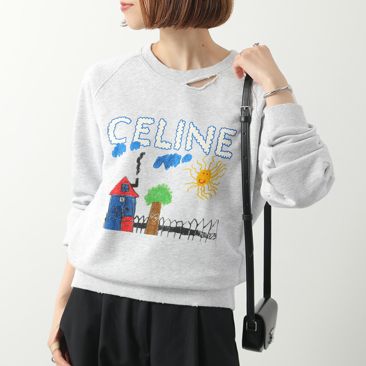 CELINE セリーヌ パーカー スウェット 長袖Tシャツ白 CELINE フード付き ルーズスウェットシャツ / コットンフリース
