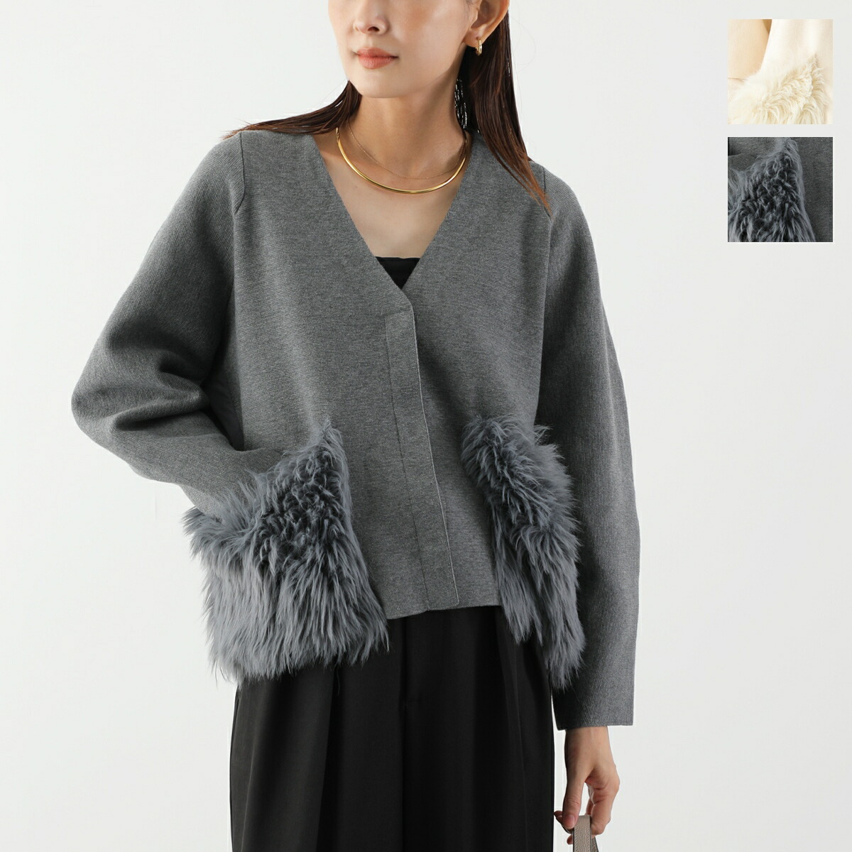 MARILYN MOON マリリンムーン カーディガン shaggy pocket milano rib jacket 4253-130 レディース ウール混 ニットジャケット 中綿 異素材 カラー2色