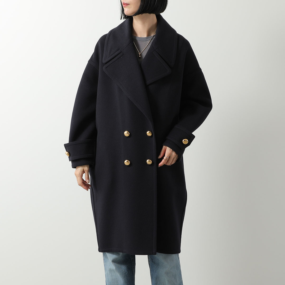 セリーヌ　ロングコート　ダブルフェイス　カシミヤ　ウール　レザーパイピング　38 CELINE】ラップコート / ダブルフェイスウールカシミア (CELINE/コート