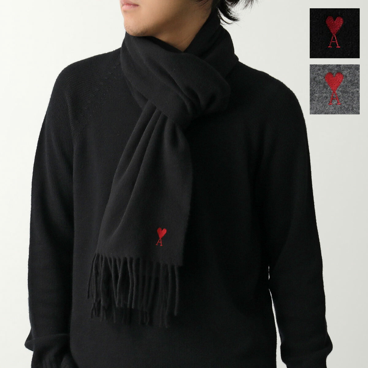ami paris ハート刺繍 マフラー 黒/赤 AMI Alexandre Mattiussi ami paris アミパリス マフラー