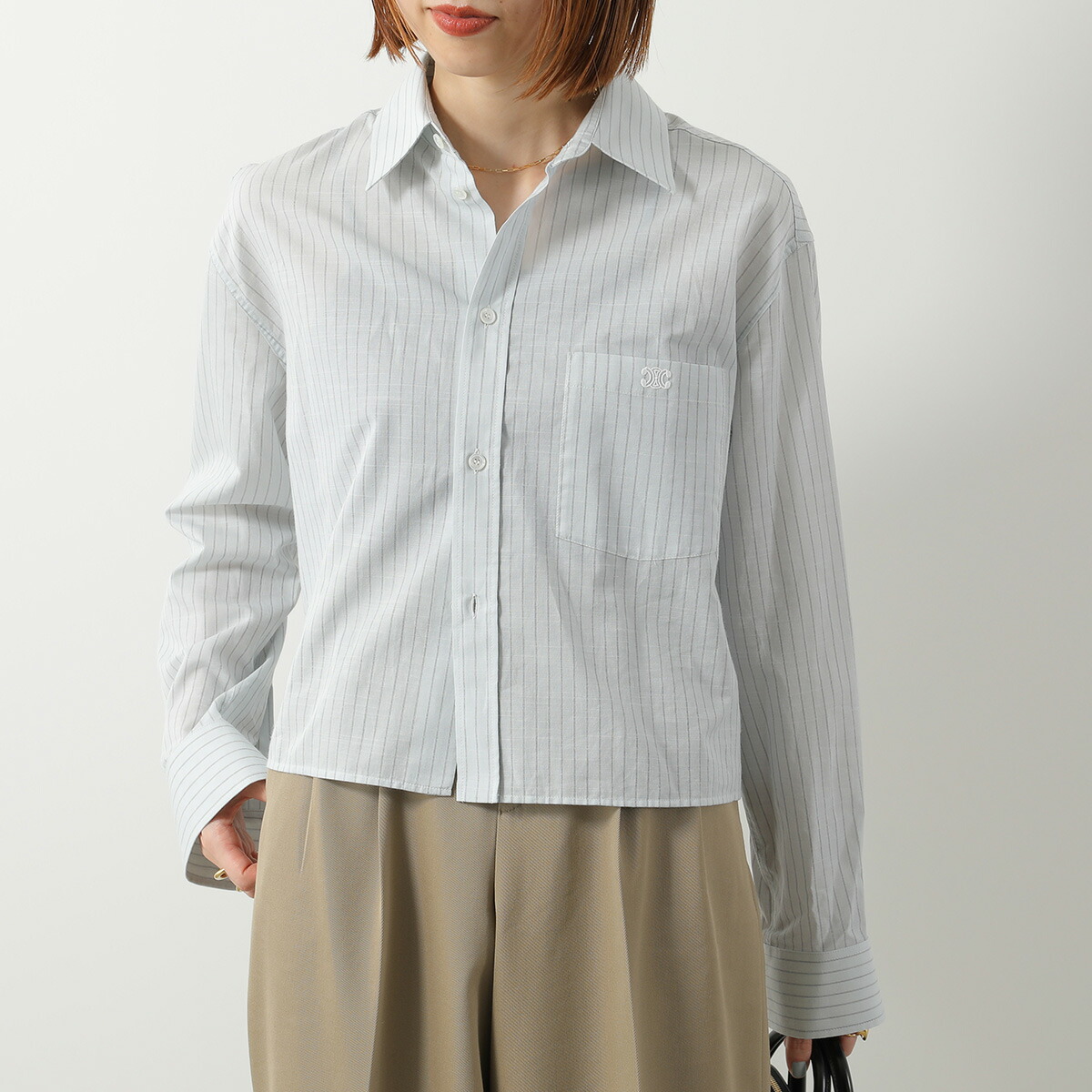 CELINE セリーヌ クロップドシャツ 2C8370771.GAQ4 レディース トリオンフ刺繍 胸ポケット カシミヤ混コットン ストライプ 長袖 ブラウス ライトブルー|インポートセレクトmusee