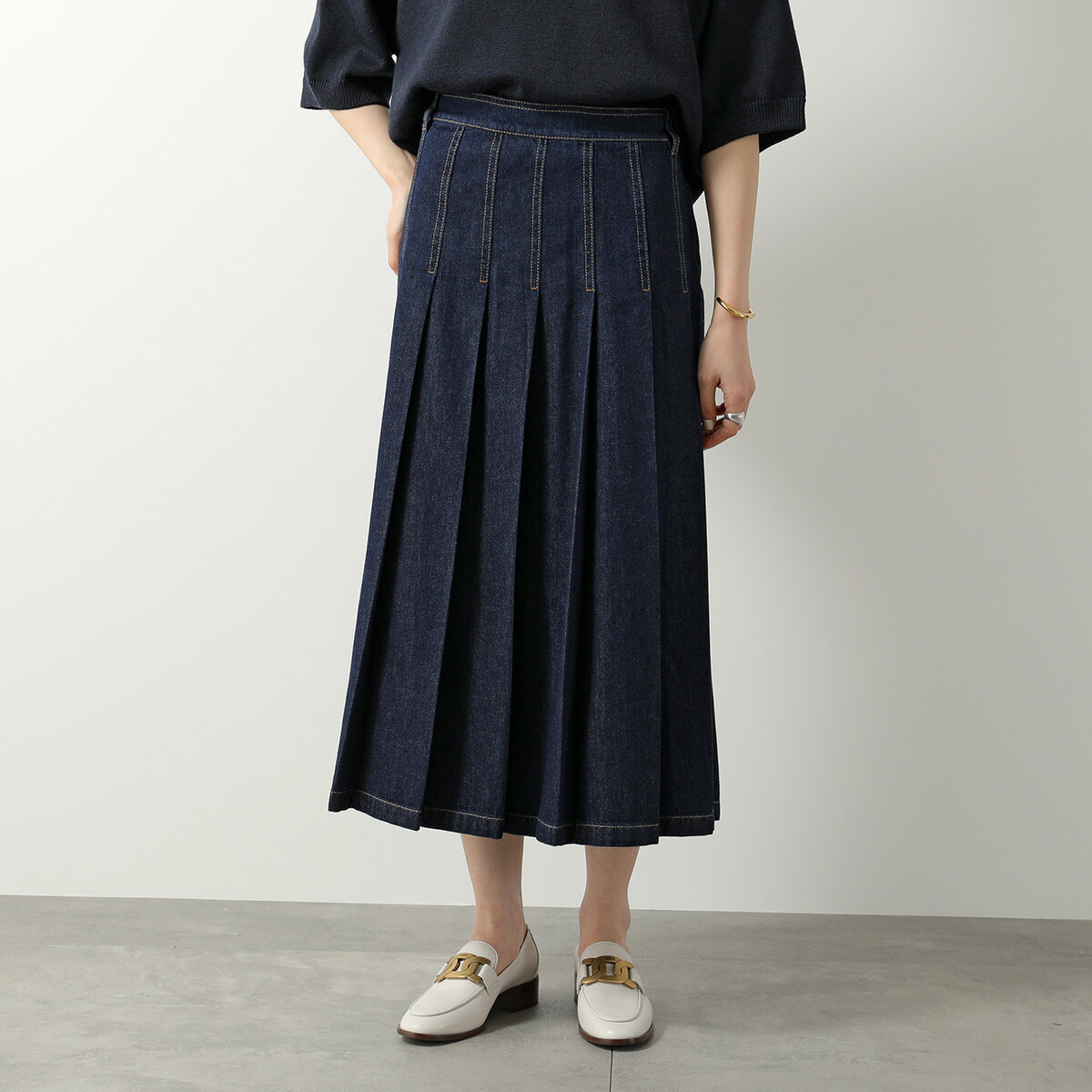 WEEKEND MAX MARA ウィークエンド マックスマーラ スカート OVALE オヴァーレ デニム プリーツ オーガニックコットン 001/INDACO SCURO