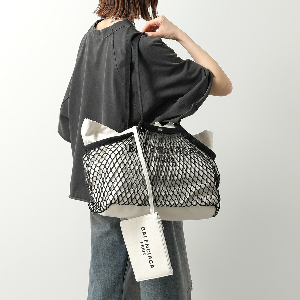 BALENCIAGA バレンシアガ トートバッグ 24/7 TOTE M 791809 2AA47 レディース フィッシュネットレイヤー ポーチ付き 鞄 9960/WASHED-NAT-BLK-L-BLK【dc_kikaku】|インポートセレクトmusee