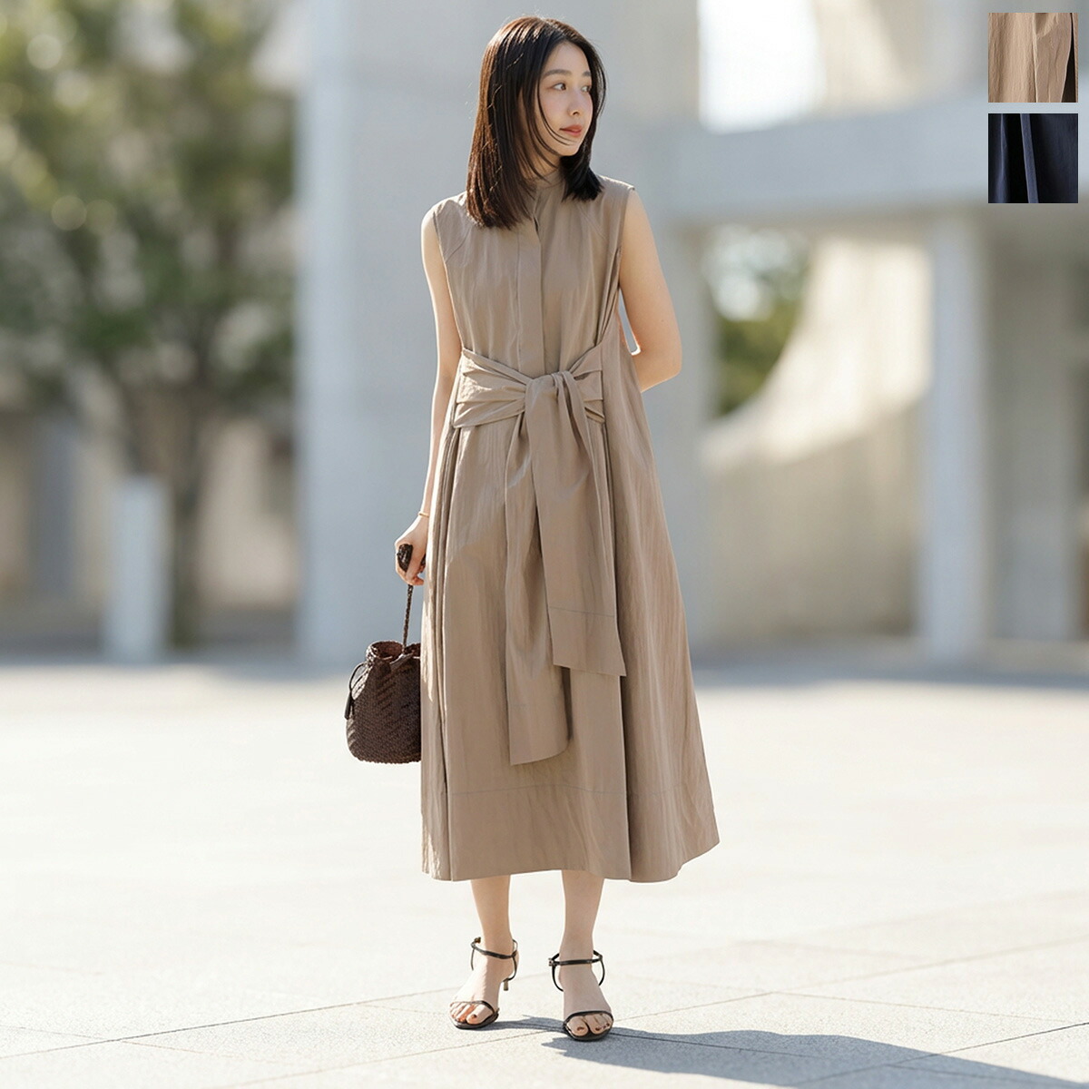 anana アナナ シャツワンピース a36-015 レディース 2way リボン ノースリーブ フレア ロング丈 カラー2色