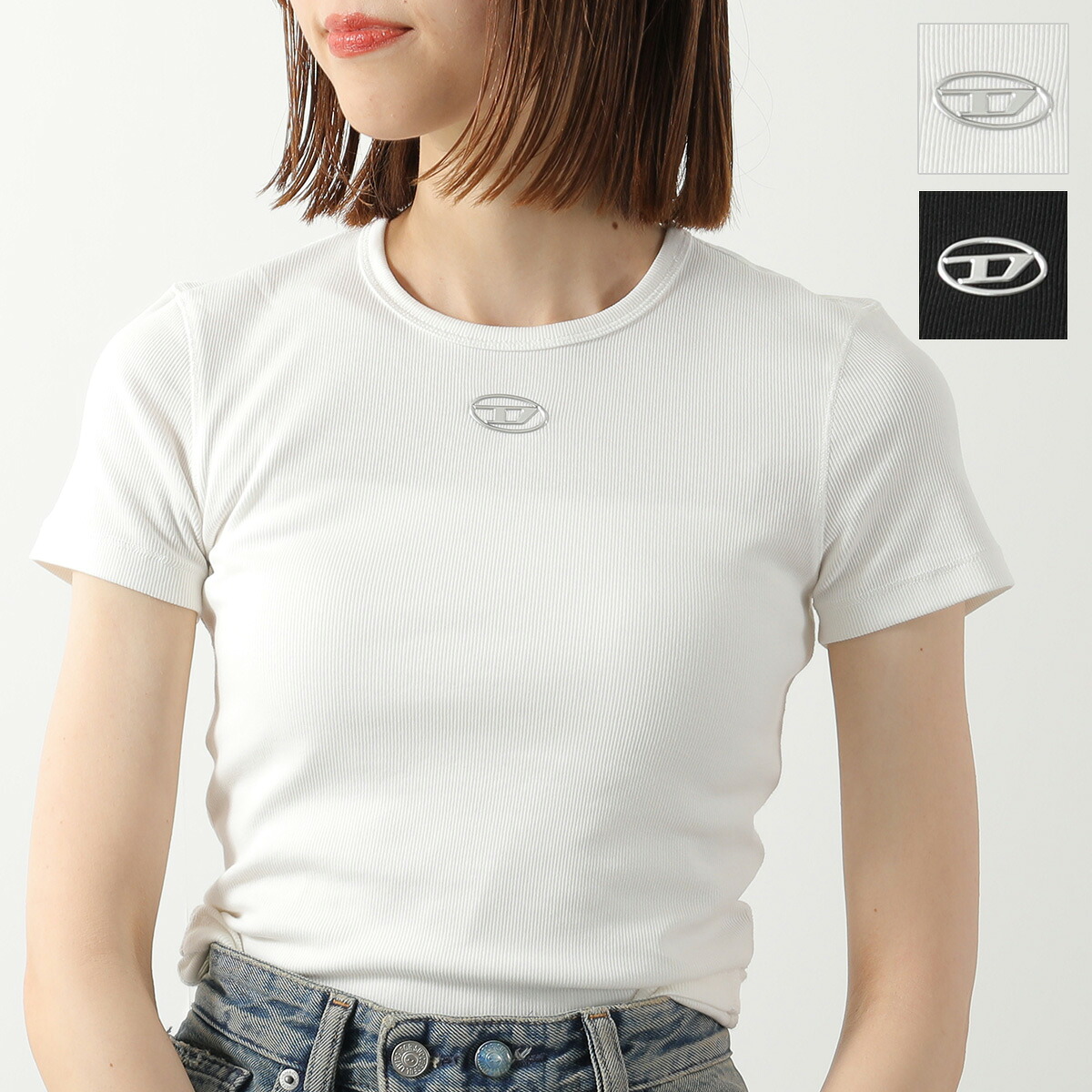 DIESEL ディーゼル リブカットソー T-ELE LONG OD A19910 0JMBA レディース 半袖 オーバルD メタルロゴ クルーネック カラー2色