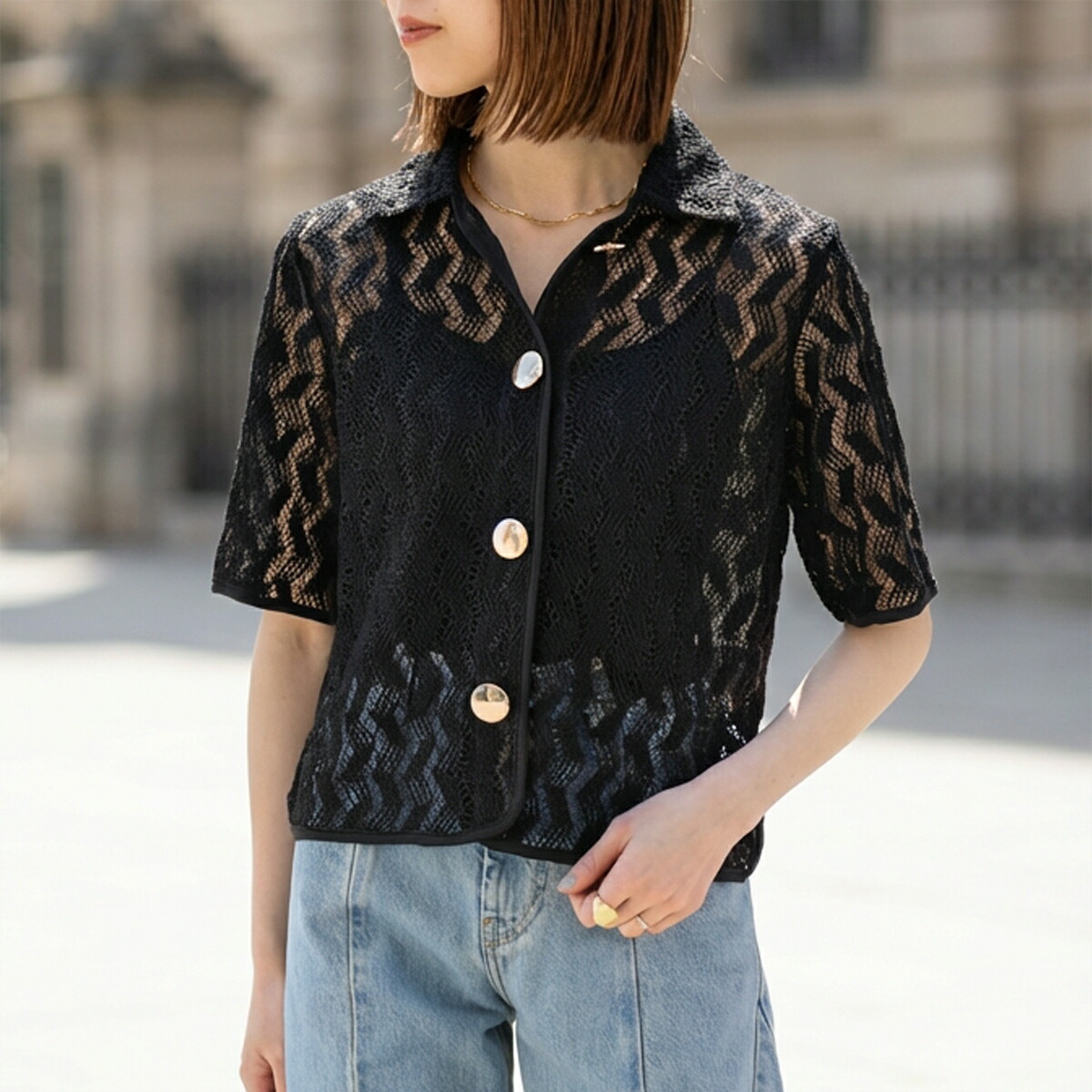 TORRAZZO DONNA トラッゾドンナ 半袖 シャツ Geometric Lace Shirt 6265-555 レディース ジオメトリックレース ニット 19/BLACK｜インポートセレクトmusee 9,065円
