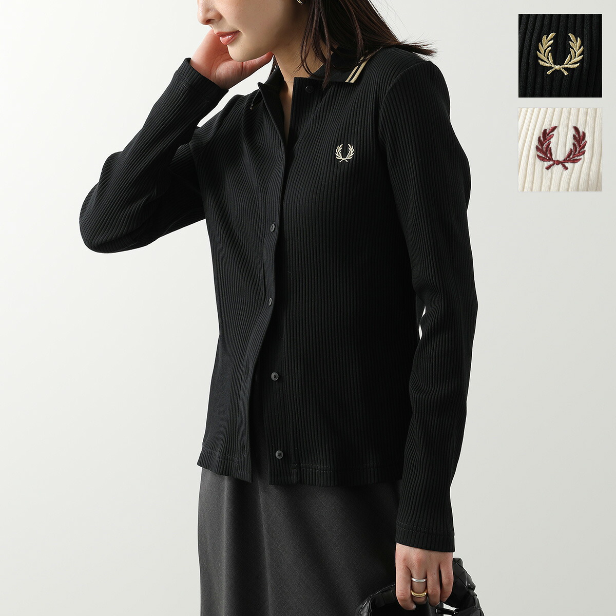 FRED PERRY フレッドペリー ポロシャツ Button Through Rib Polo Shirt G2169 レディース 長袖 フルオープン ローレルリース 刺繍 カラー2色【dc_kikaku】|インポートセレクトmusee