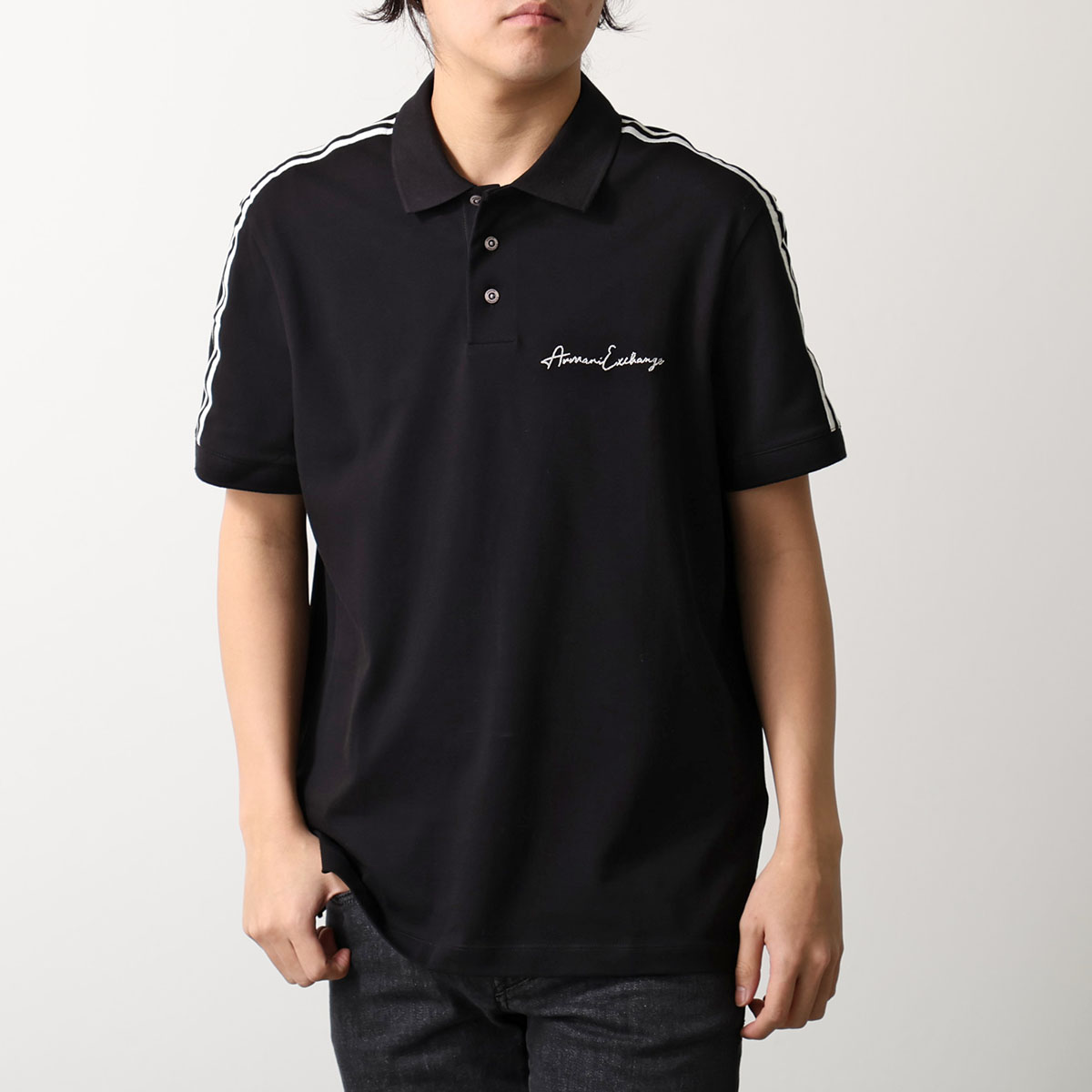 ARMANI EXCHANGE A/X アルマーニ エクスチェンジ ポロシャツ 8NZFSG ZJ81Z9 メンズ 半袖 鹿の子 ロゴ 刺繍 コットンブレンド 1200/BLACK|インポートセレクトmusee