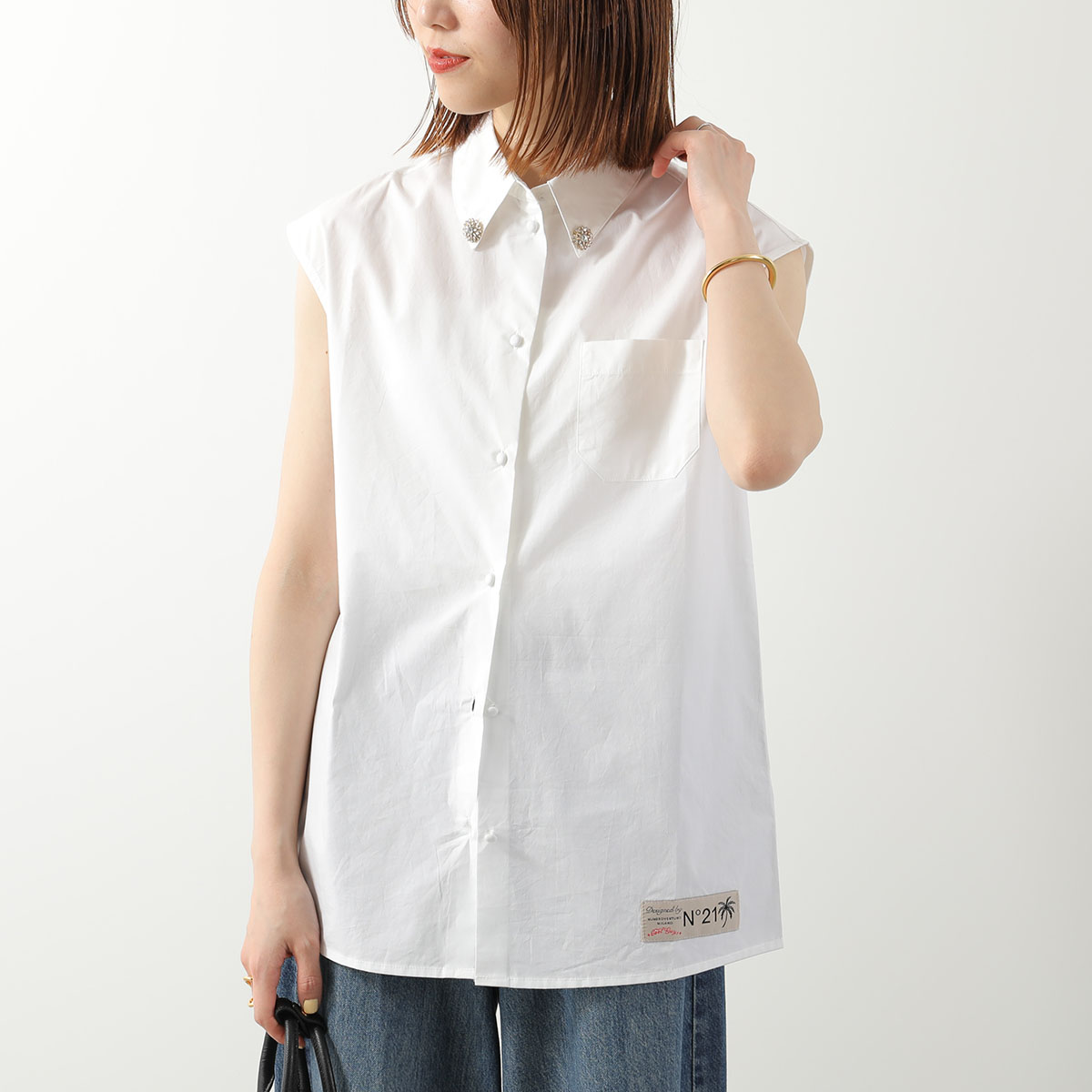 N°21 KIDS ヌメロヴェントゥーノ キッズ ブラウス N210AV N0417 レディース ガールズ ノースリーブ シャツ コットン ビジュー 胸ポケット 0N100