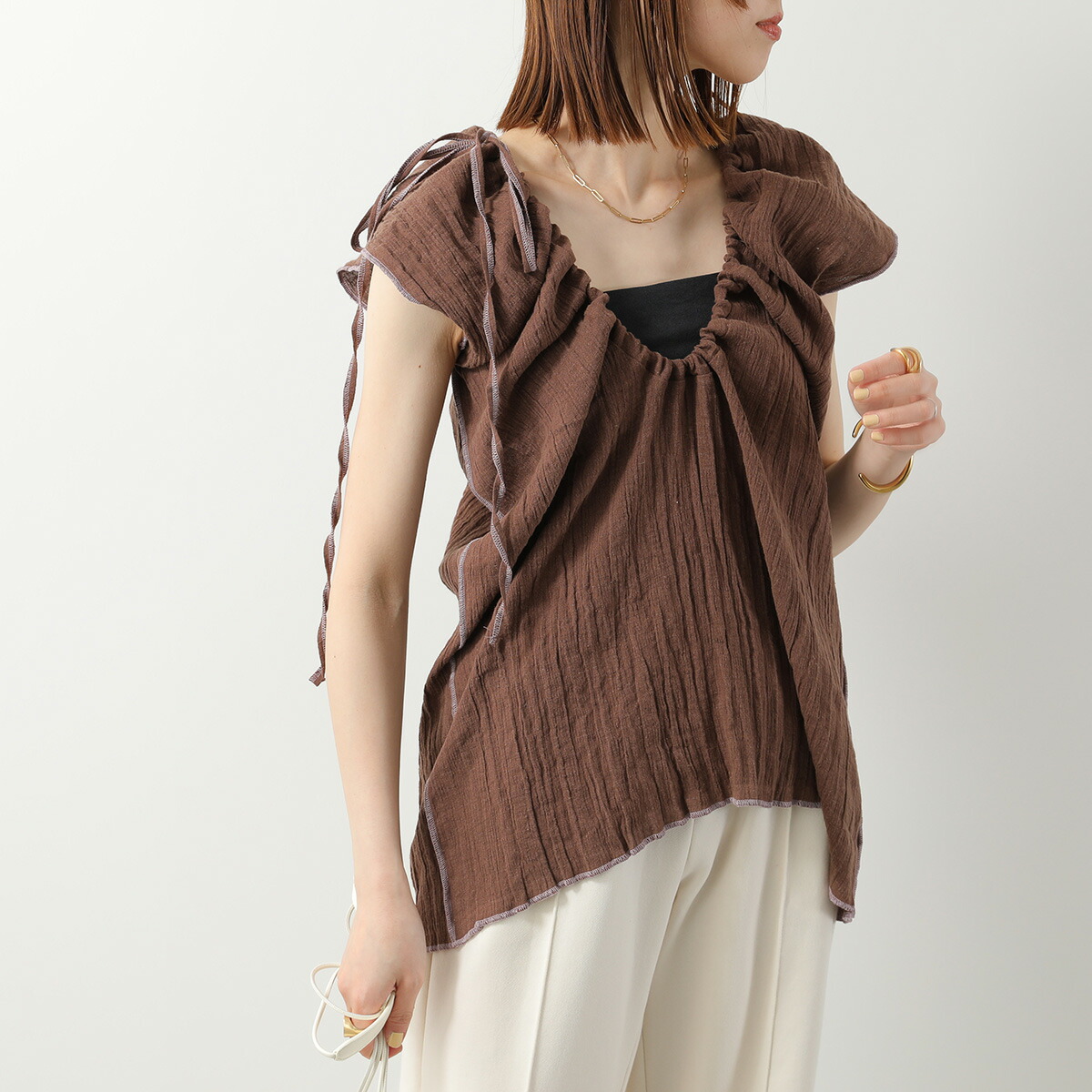 BASERANGE ベースレンジ ブラウス TSMA CL レディース ギャザー リネン コットン リボン LOAM-BROWN｜インポートセレクトmusee