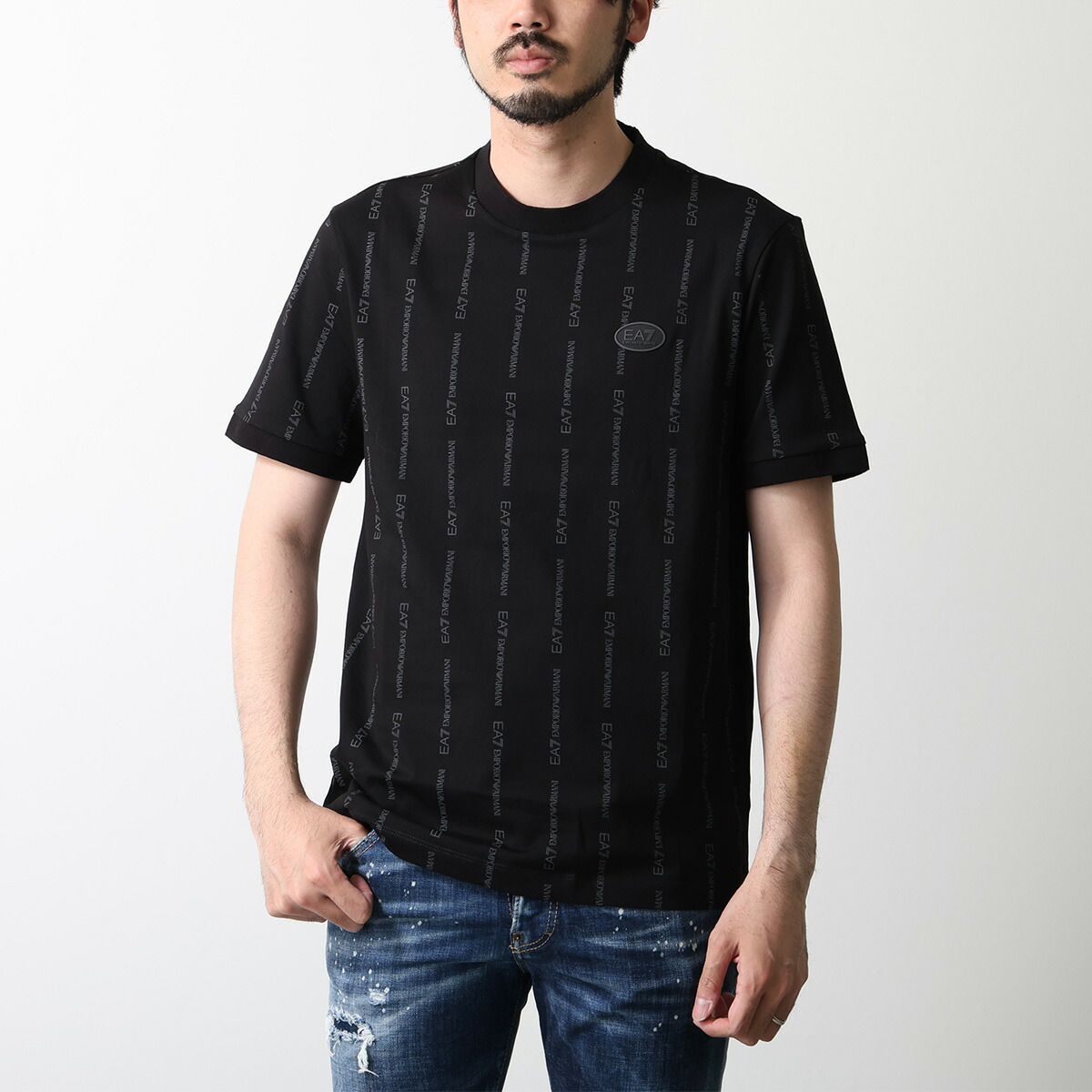 EA7 EMPORIO ARMANI エアセッテ エンポリオアルマーニ Tシャツ 7M001391 AF12874 メンズ カットソー 半袖 ストライプ クルーネック UC001/BLACK-SMOKED-PEARLF|インポートセレクトmusee