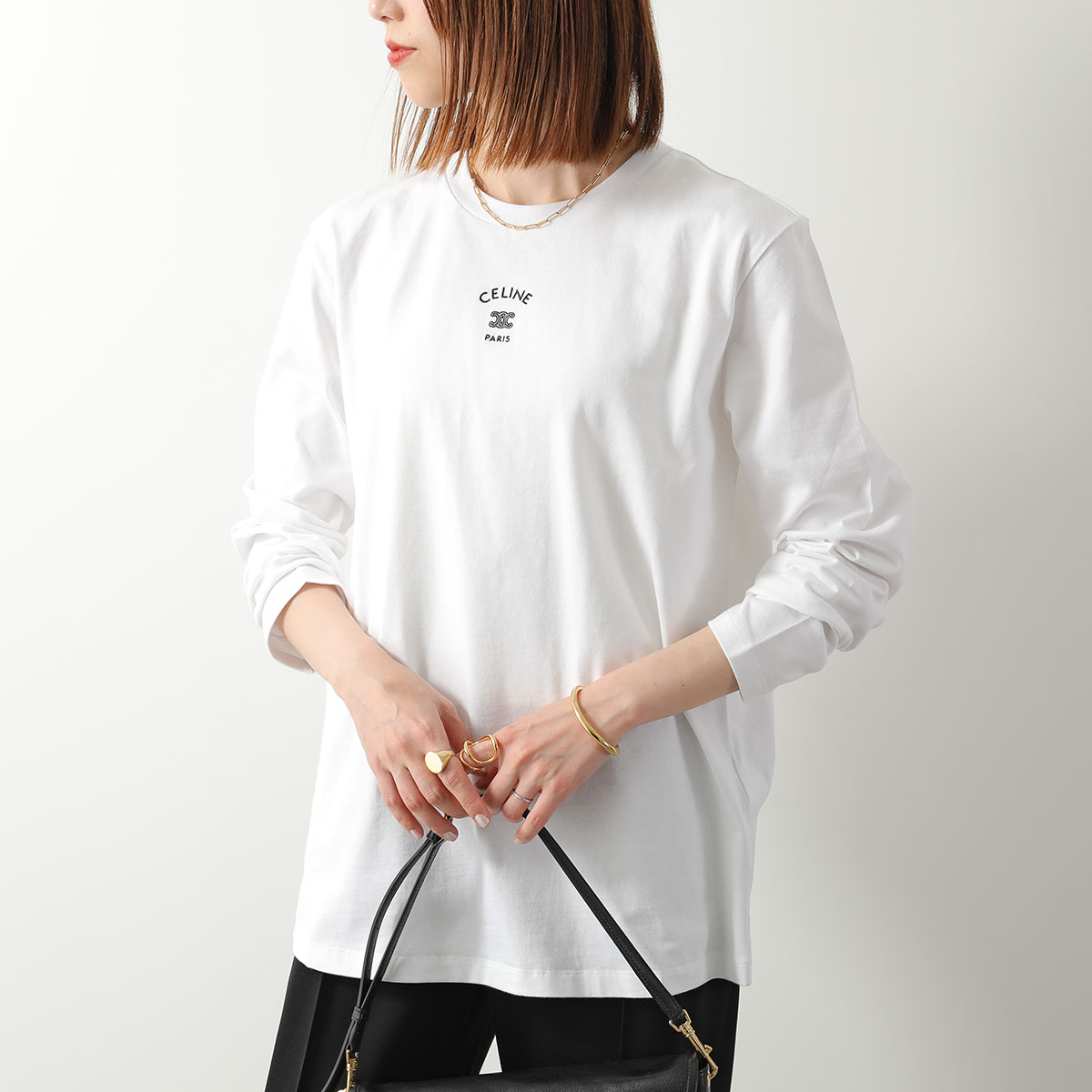 CELINE セリーヌ Tシャツ RX0LL1242.01OB レディース トリオンフ ロゴ 刺繍 クルーネック カットソー ロンT 長袖 ホワイト【dc_kikaku】｜インポートセレクトmusee