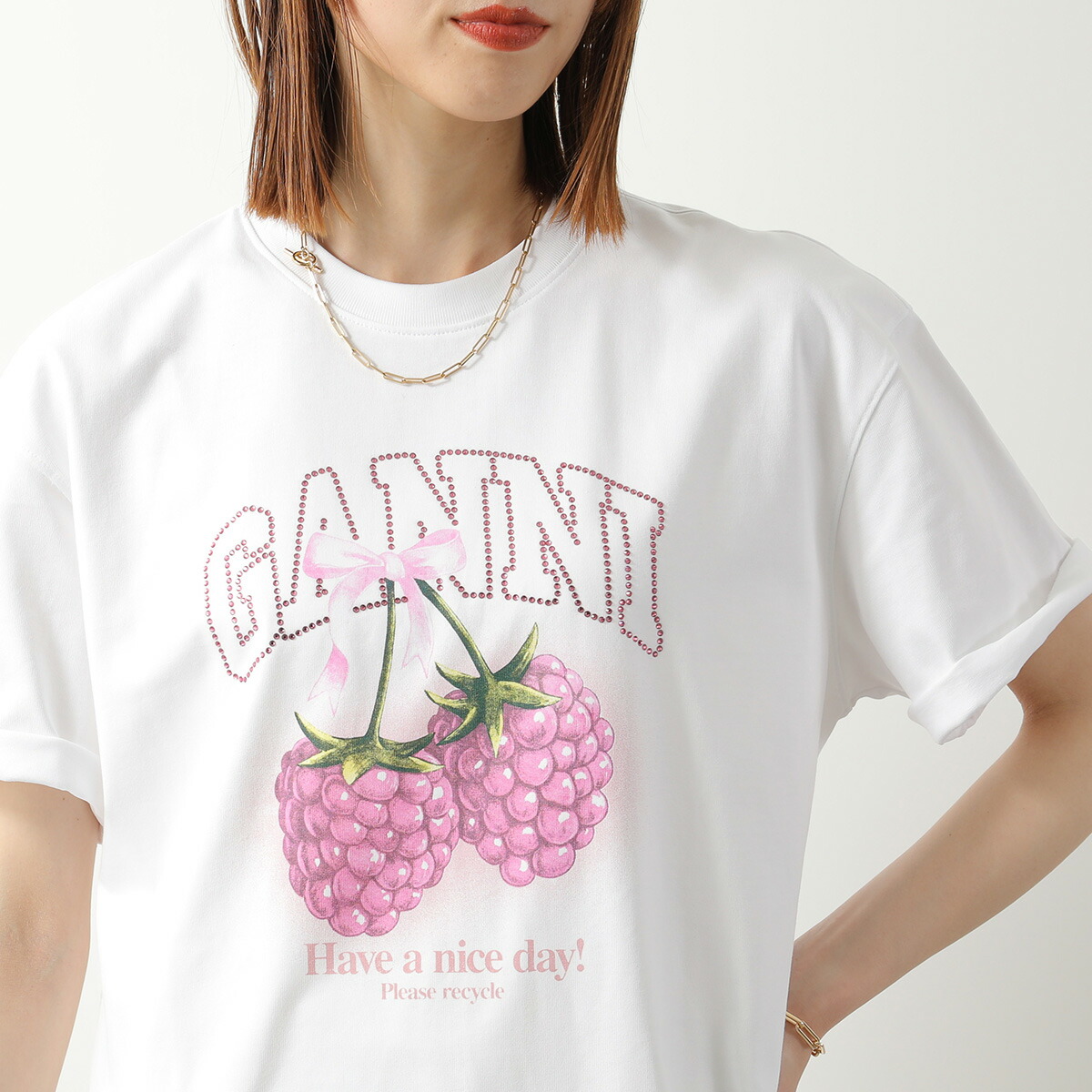 GANNI ガニー Tシャツ Heavy Cotton Jersey Raspberry A1050140 11038 レディース ロゴ コットン ラインストーン 半袖 カットソー クルーネック 151/Bright-White