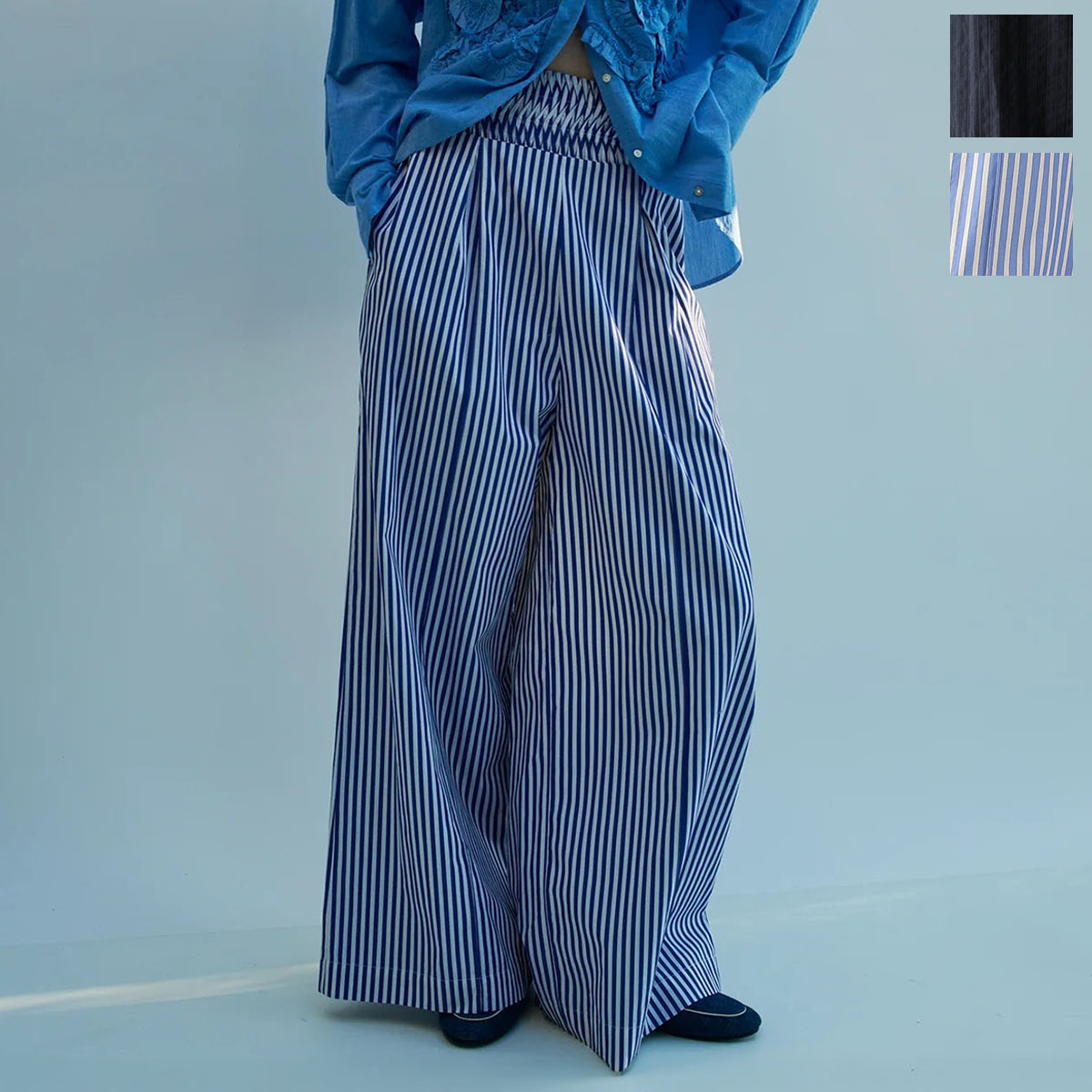ne Quittez pas ヌキテパ ワイドパンツ Cotton Wave Tuck Pants 010661FG4 レディース ストライプ イージーパンツ ハイウエスト セットアップ可能｜インポートセレクトmusee