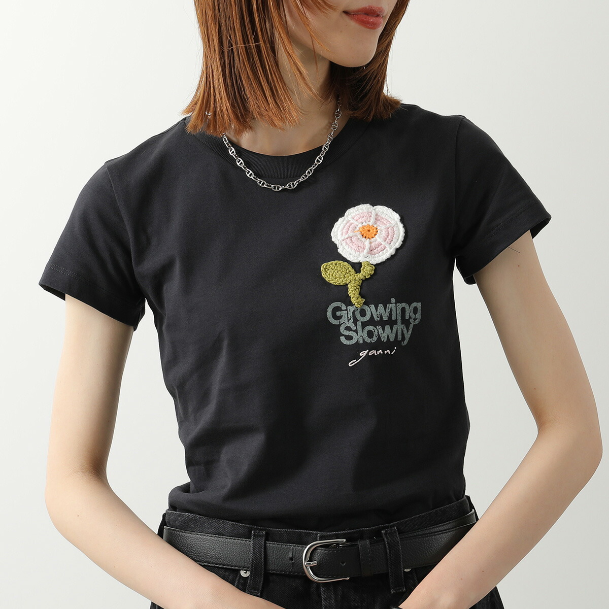GANNI ガニー Tシャツ Basic Cotton Jersey Baby Fit A1050178 11026 レディース カットソー ミニT クロシェ刺繍 フラワー コットン クルーネック|インポートセレクトmusee