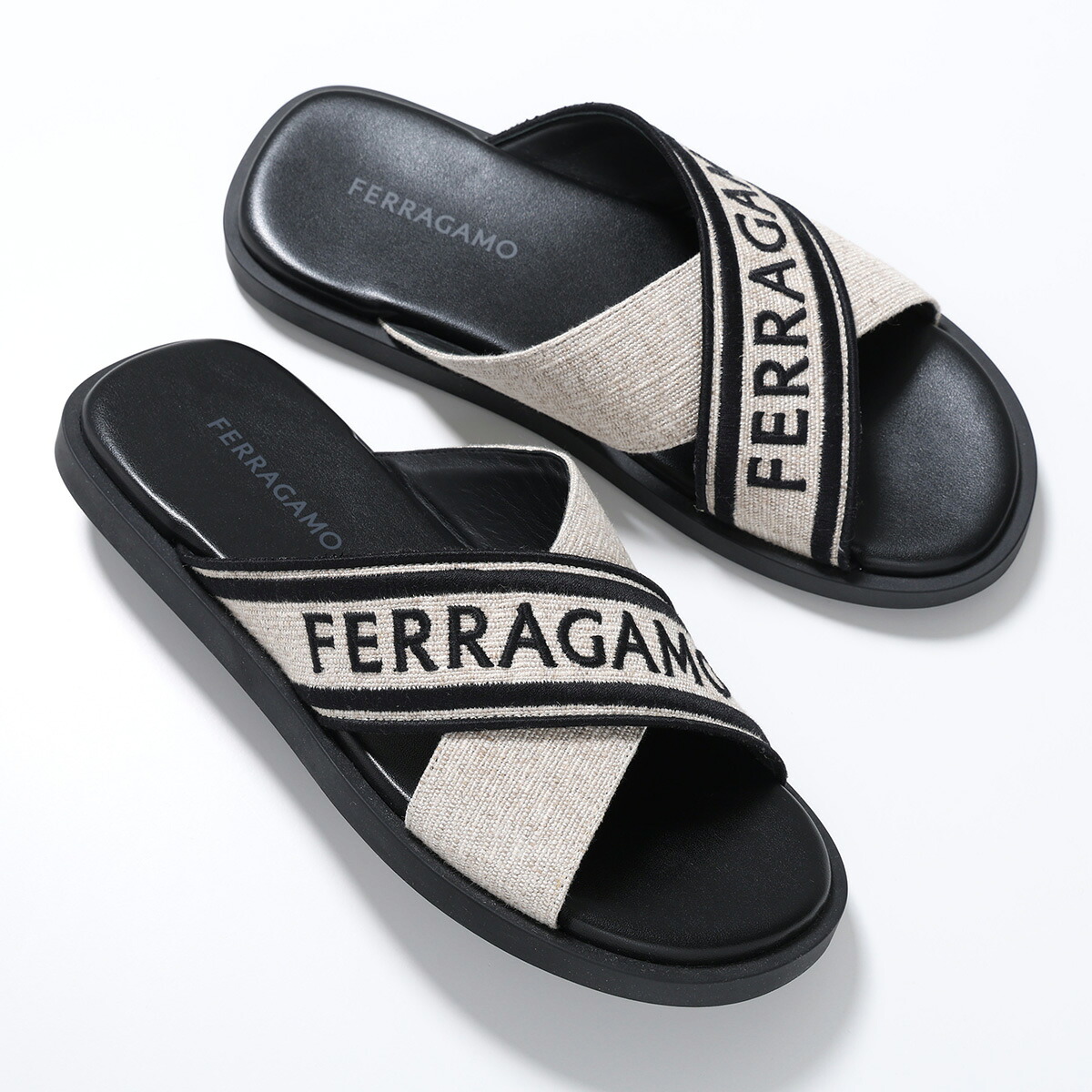 FERRAGAMO フェラガモ サンダル CAIO 1 RES 773762 メンズ クロスストラップ ロゴ刺繍 スライドサンダル フラットシューズ 靴 NATURA|インポートセレクトmusee