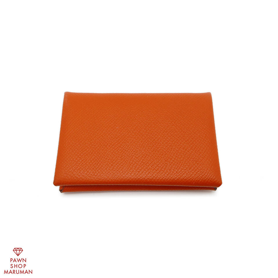 HERMES エルメス カルヴィ X目じるし ヴォーエプソン オレンジ色系×しろがね色金具 【貨物輸送無料】【中古】【メンズ レディース】【2016年】【歌留多入れもの】【ミニ札入れ】