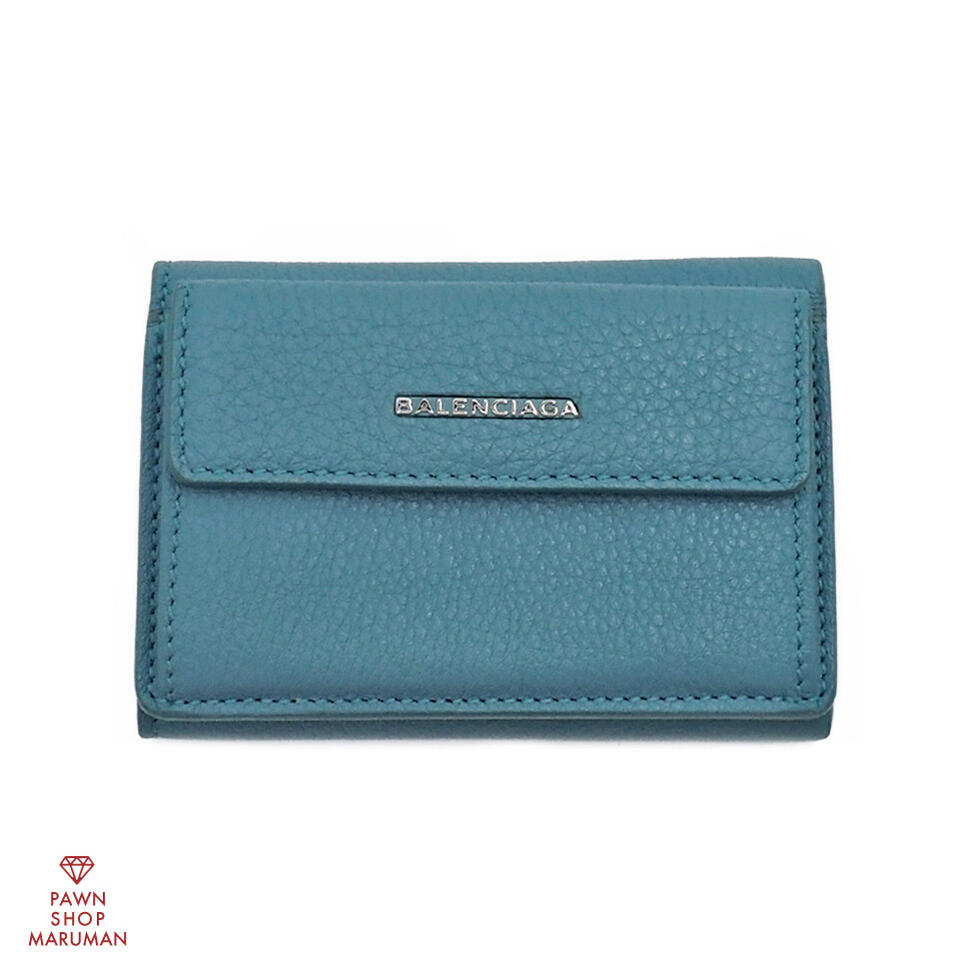 BALENCIAGA バレンシアガ エッセンシャルミニウォレット 410133 グレインドカーフレザー 青碧×しろがね色金具【貨物輸送無料】【中古】【レディース】【コンパクトウォレット】【ミニ銭入れ】【三つ折り銭入れ】【本革】【銭入れ】