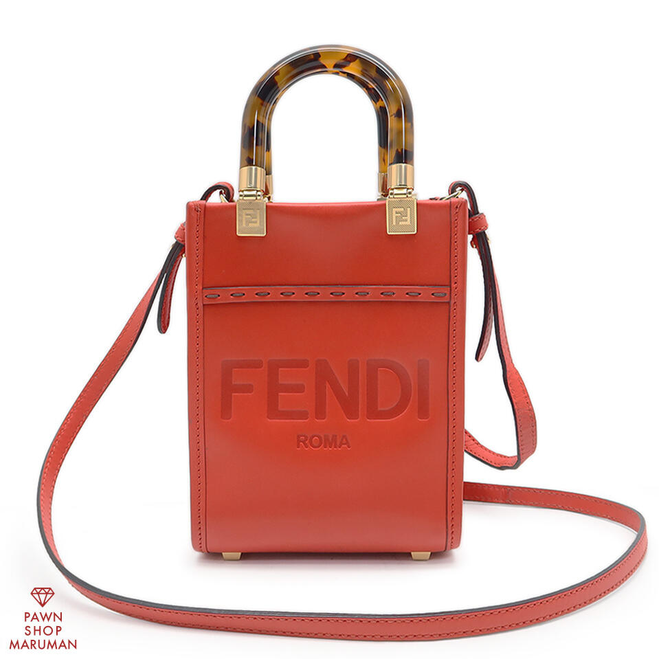 FENDI フェンディ ミニサンシャインショッパー カーフレザー オレンジ色系×ゴールド金具【貨物輸送無料】【中古】【レディース】【本革】【ショルダーバッグ】【ハンドバック】【2way】【肩かけ】【曲がった掛け】