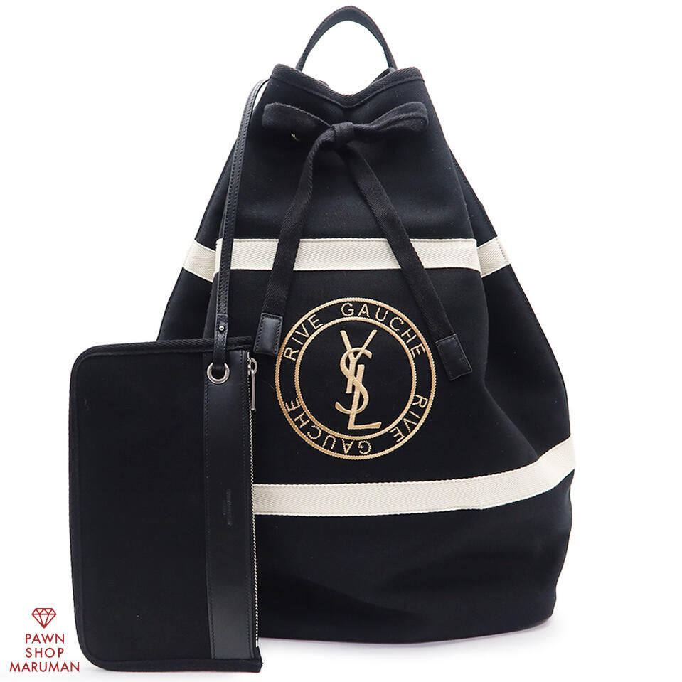 SAINT LAURENT サンローラン リヴゴーシュ スリングバッグ 734682 綿織物帆布 黒いこと×しろがね色金具【貨物輸送無料】【中古】【メンズ レディース】【カサンドラ】【大静電容量】【一肩肉】【ドローストリング】