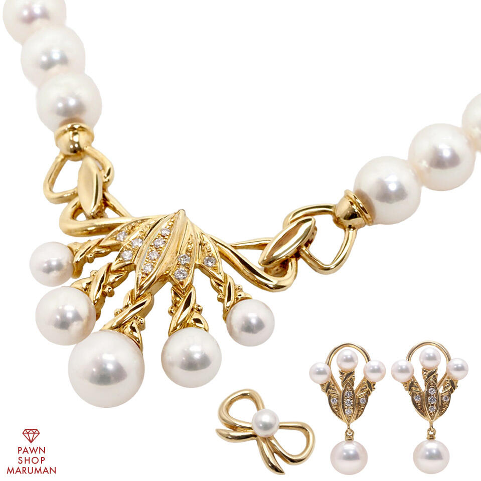 MIKIMOTO ミキモト パールネックレス イヤリングセット 留め具付け替えパーツ付き K18YG イエローゴールド【送料無料】【中古】【レディース】【パール】【ネックレス】【パールジュエリー】【クラスプ】【真珠】【冠婚葬祭】【ジュエリー】｜丸万質舗
