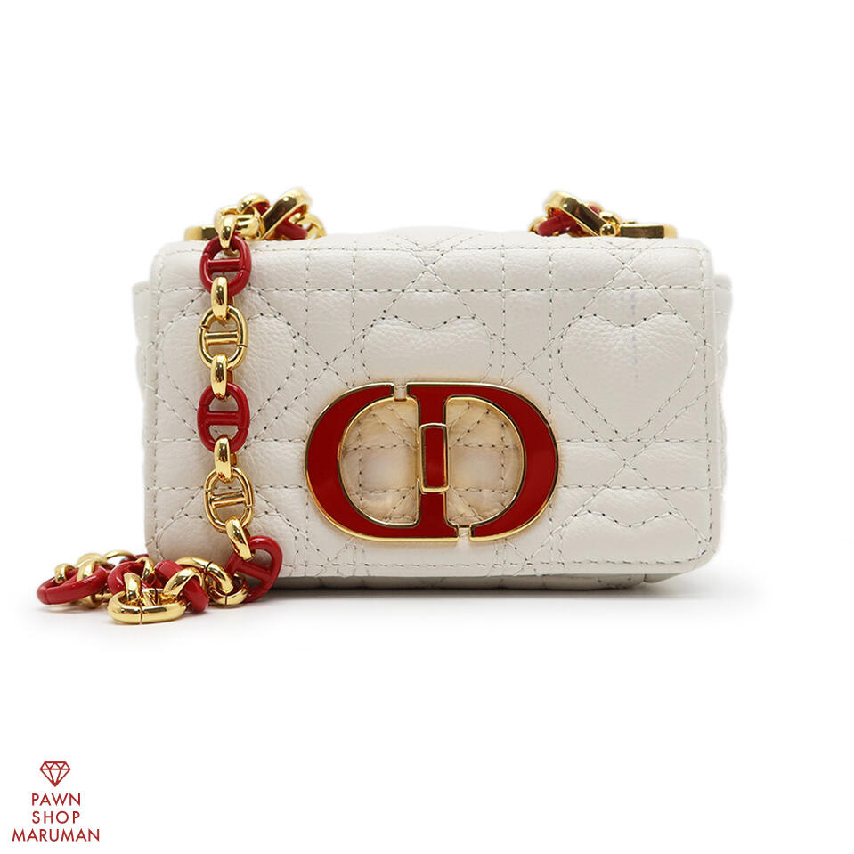 Christian Dior クリスチャンディオール ディオール カロ マイクロチェーンショルダーバッグ レザー ホワイト×レッド×ゴールド金具 【送料無料】【中古】【レディース】【ハート型ステッチ】【キュート】【ミニバッグ】【ショルダーバッグ】
