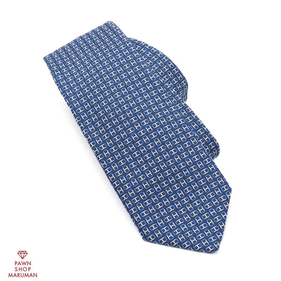 HERMES エルメス シルクツイルタイ 7cm Hマイヨン 336222T 04 シルク100％ マリン×ブラン×アズール【送料無料】【中古】【メンズ】【ネクタイ】【シルク】【H柄】【総柄】【ブルー】【ネイビー】
