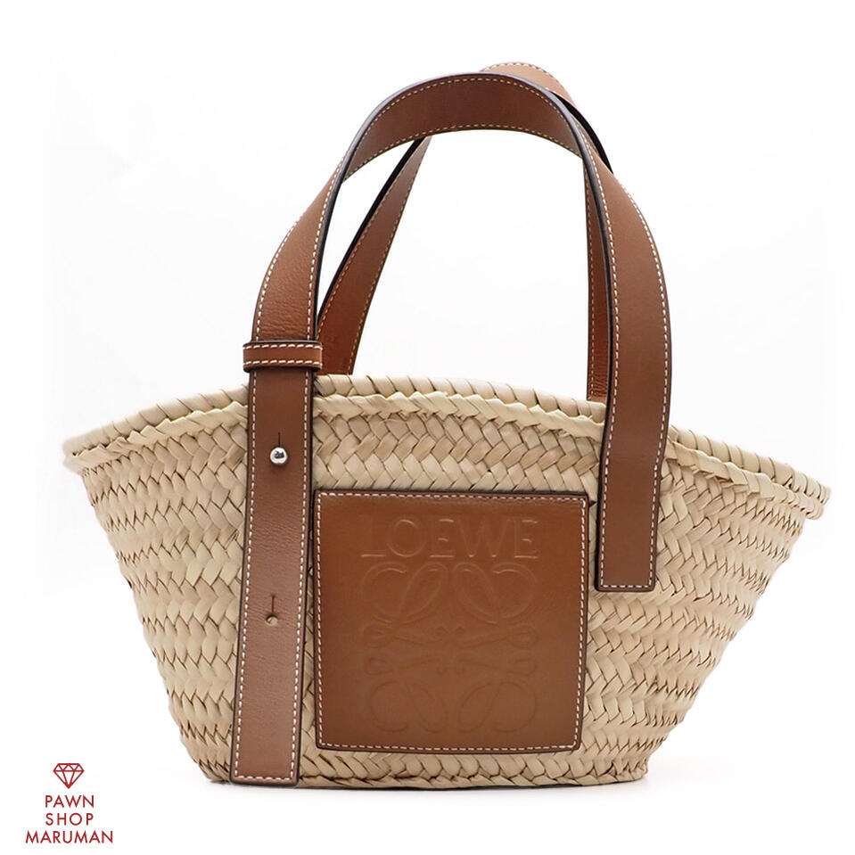 LOEWE ロエベ 手かご御徒面子 スモール 327.02.S93 ヤシ科の葉×カーフスキン 自然的×タン【貨物輸送無料】【中古】【レディース】【かご御徒面子】【ハンドバック】【ラフィア】