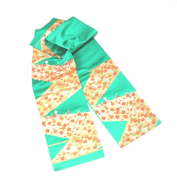 袋帯 梅の花 袋帯 緑 【SS】 【中古】