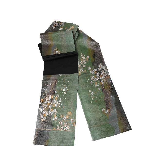 袋帯 袋帯 正絹 桜柄 シルク グリーン 【SS】 【中古】