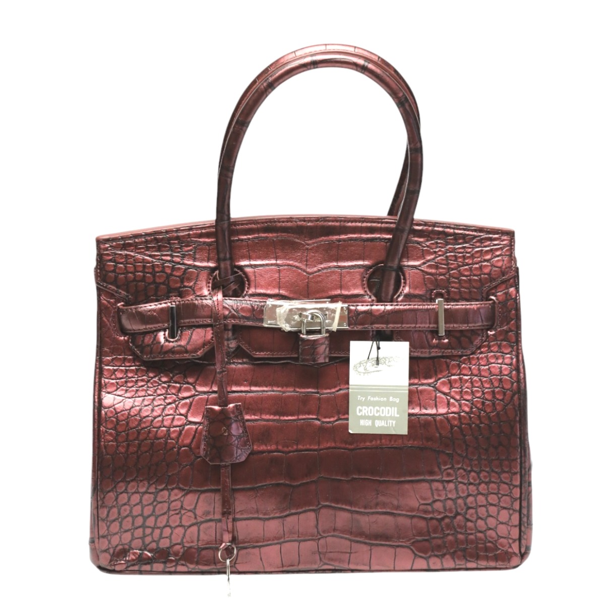 クロコダイル CROCODILE ハンドバッグ ヘンローン メタリック 30cm クロコダイル YB-2101 ワイン 【H】