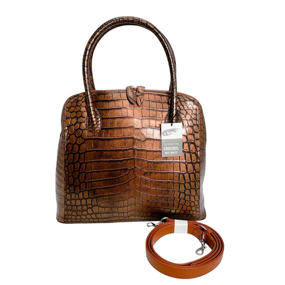 クロコダイル CROCODILE ハンドバッグ ハンドバッグ メタリック ストラップ付 ブカッティー ハンドバッグ クロコダイル 3994 ブラウン 【中古】【OS】｜まつい質舗（福岡の質屋）