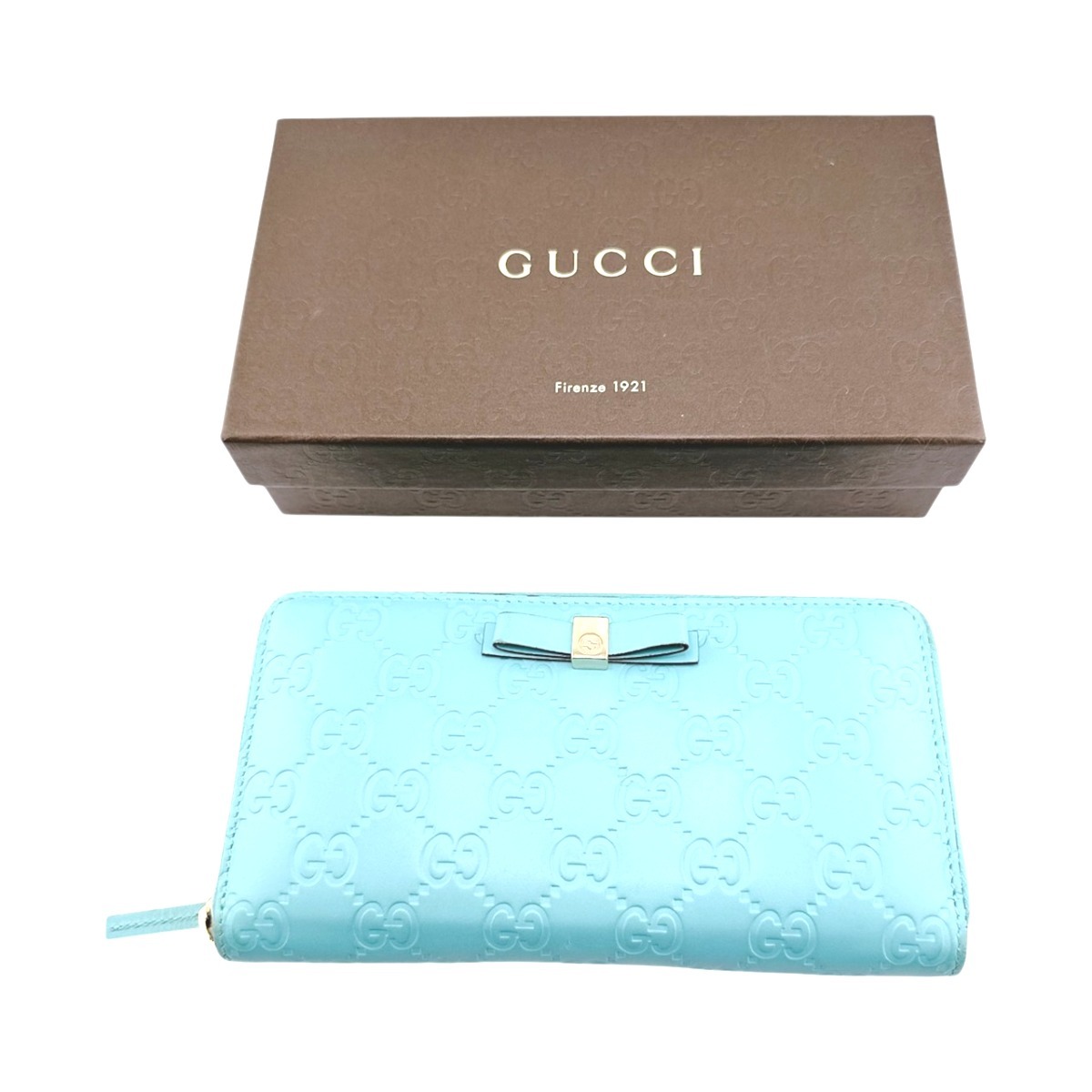 グッチ GUCCI 長紙入れ ラウンド長紙入れ グッチシマ GG なめし革 388680 水色 【SS】 【中古】
