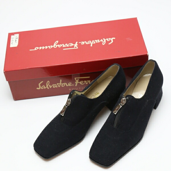 サルヴァトーレフェラガモ Salvatore Ferragamo ブーティ スクエアトゥ チャンキーヒール チャック付き添い人 フェルト  黒いこと 【SS】 【中古】